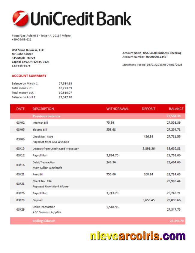 Unicredit Bank corporate statement